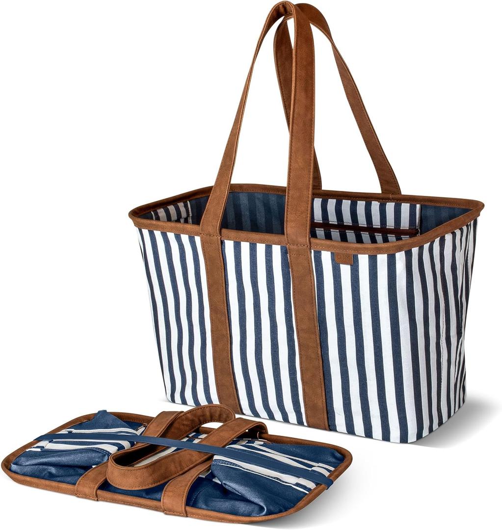 CleverMade Collapsible LUXE Tote, 30L Foldable Grocery Shopping Bag with Structured Frame, Reinforced Bottom & Comfortable Handles, Reusable Car Tote for Errands, Beach, Laundry & Storage, Navy Stripe