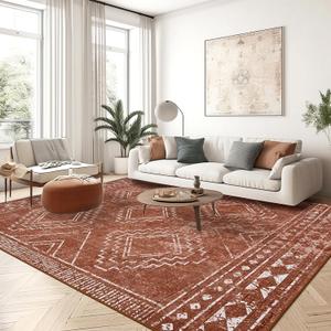 ILANGO Area Rugs 9'x12' for Living Room Machine Washable Red Area Rugs Modern Dedroom with Rubber Backing Non Slip Carpet for Farmhouse Dining Room, Ultra-Thin, Foldable, Easy Clean (Tulum | Dark Orange)