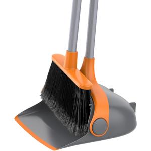 MR.SIGA Broom and Dustpan Set with Long Handle, Stand Upright Broom with Dustpan Combo for Cleaning Office, Garage, Lobby, Lightweight Sweeping Set, 51.7"(131 cm) Long Handle, Gray & Orange