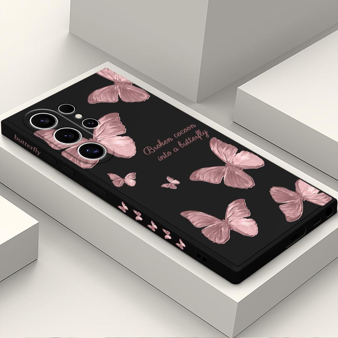 for Samsung Galaxy S24 Ultra Case, Creative Flower Pattern Design Phone Cover Drop Protection Soft Ultra Thin Scratch Resistant Microfiber Lining Inner for Galaxy S24 Ultra-Butterfly Black