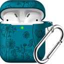 Lerobo Flower Engraved Case for AirPods Case Cover, Stylish Soft Silicone Protector with Keychain, Compatible with Apple AirPods 1st/2nd Generation Charging Case, Front LED Visible, Verdant Blue