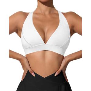 XUNYU V Neck Sports Bras for Women Racerback Padded Workout Top Open Back Yoga Crop Tank Tops Built in Bra (Green, XL)