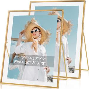 Gold Floating Frame Set of 2, Gold 8x10 Picture Frames Fit for Multi-Size 7x9, 5x7, 4x6 Photos, Tempered Glass Floating Picture Frame for Tabletop Display