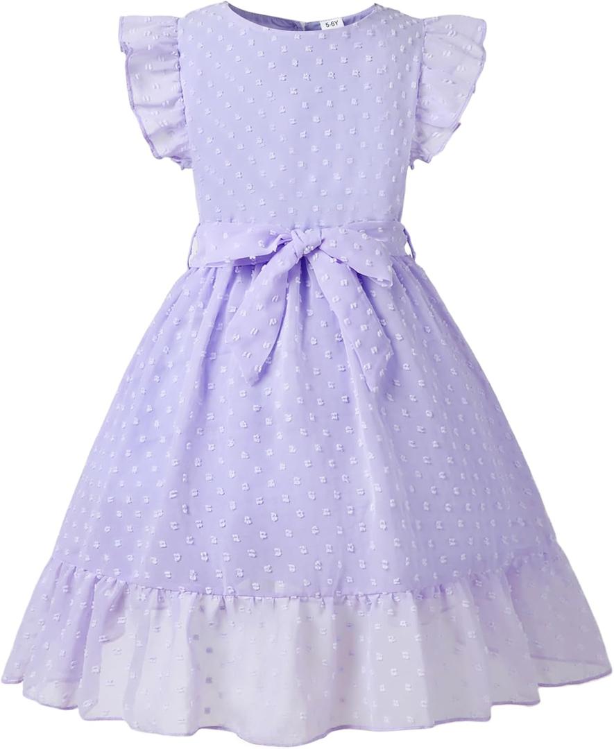 Girl Summer Dress Polka Dot Casual A-line Flutter Ruffle Sleeve Double Layer Flowy Dress 5-13 Years (Purple)