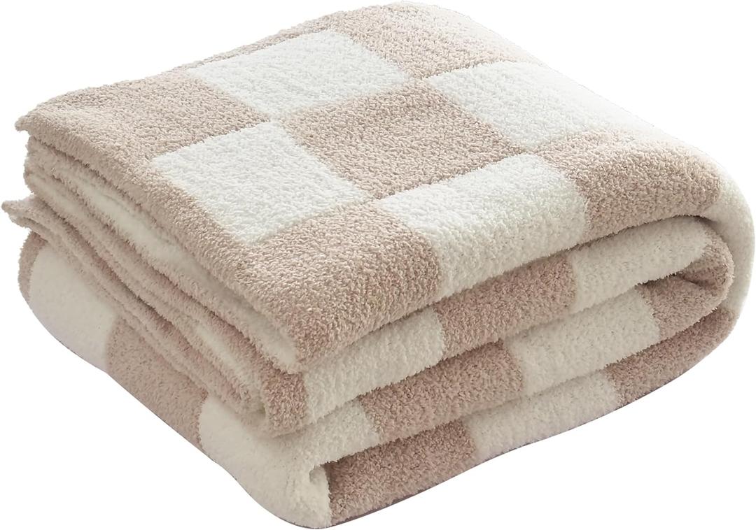 Ultra Soft Cozy Checkered Knitted Throw Blanket Fluffy Microfiber Checkerboard Bed Blanket Lightweight Both Sides Blanket for Couch Sofa Bed (Cream, Throw 50x60)
