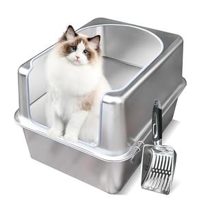 Aothey Stainless Steel Litter Box with Metal Lid and Scoop - Enclosed Metal Litter Box for Large Cats, Rust-Resistant, Odor-Control, Easy to Clean, Durable & Long-Lasting with Round Edge (L)
