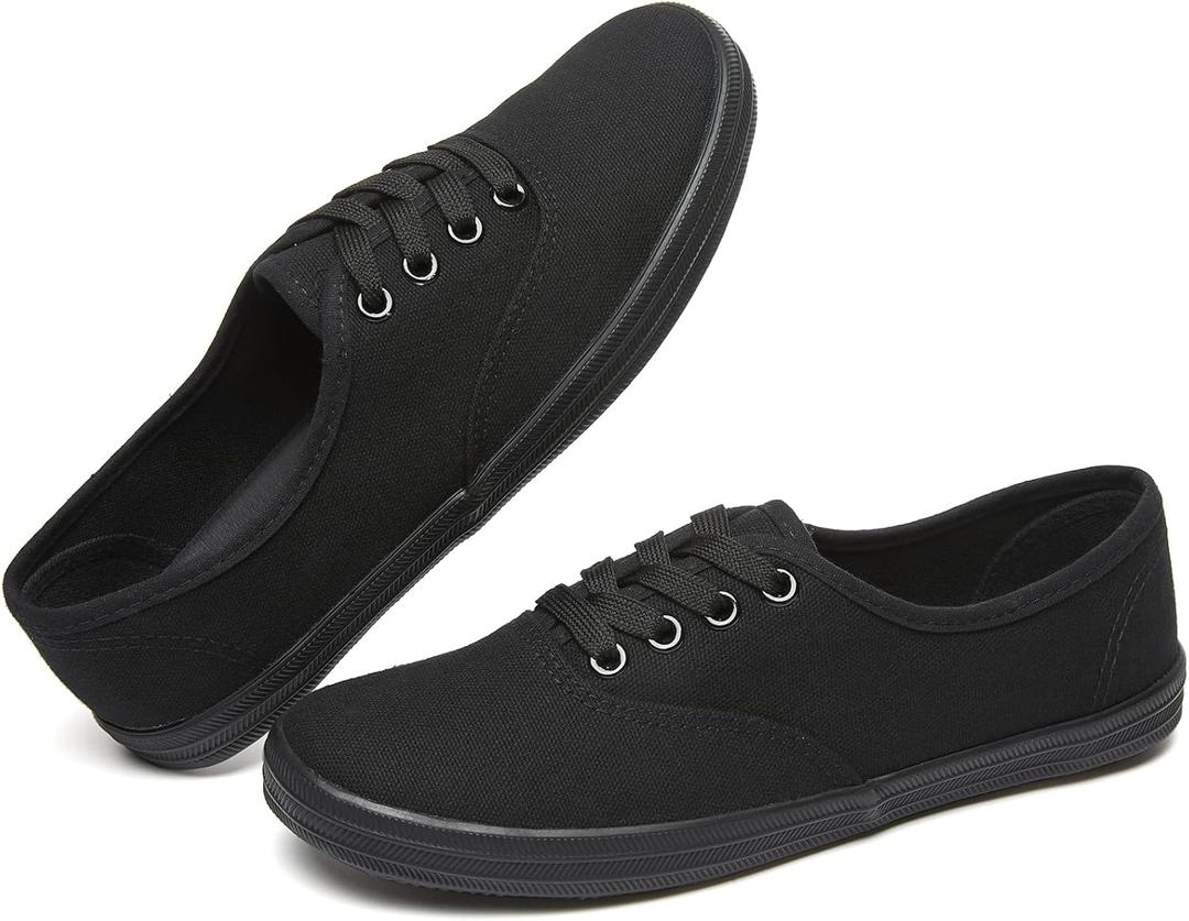 TUOPIN Womens White Canvas Sneakers Low Top Lace-up Canvas Shoes Lightweight Casual Tennis Shoes (Black, 41) 