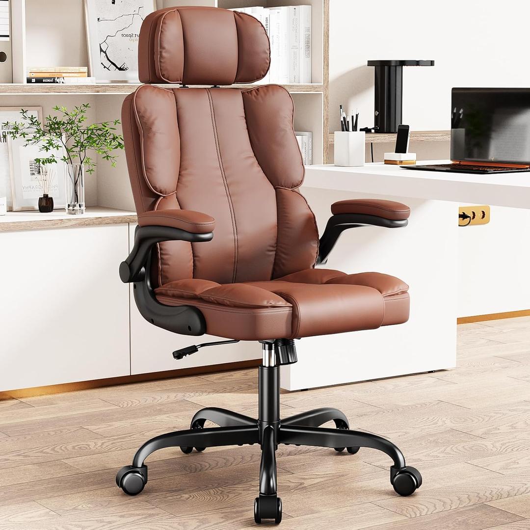 Kensaker Ergonomic Executive Office Chair with Adjustable Headrest & 90 Flip-Up Arms, High Back PU Leather Computer Desk Chair with 135 Rocking & Double Padding for Home Office Comfort, Brown