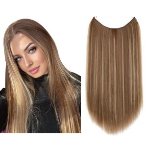 SARLA Invisible Wire Hair Extensions 22 inch Long Synthetic Hairpieces Straight Ash Medium Brown With Ash Blonde Highlight Adjustable Headband for Women No Clip