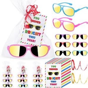Copkim 30 Set End of Year Student Gifts from Teacher, Kids Neon Sunglasses Bulk Cards Packaging Bags 2 Ribbons for Classroom Prizes Student Graduation Gifts