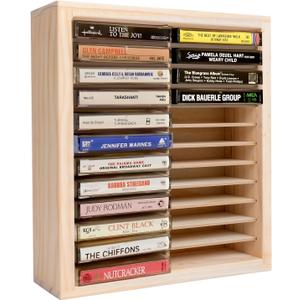 Cassette Tape Storage Rack, 24-slot Wood Cassette Tape Holder, Wall Mount or Freestanding Audio Cassette Organizer, Playing Card Storage, Unfinished Pine