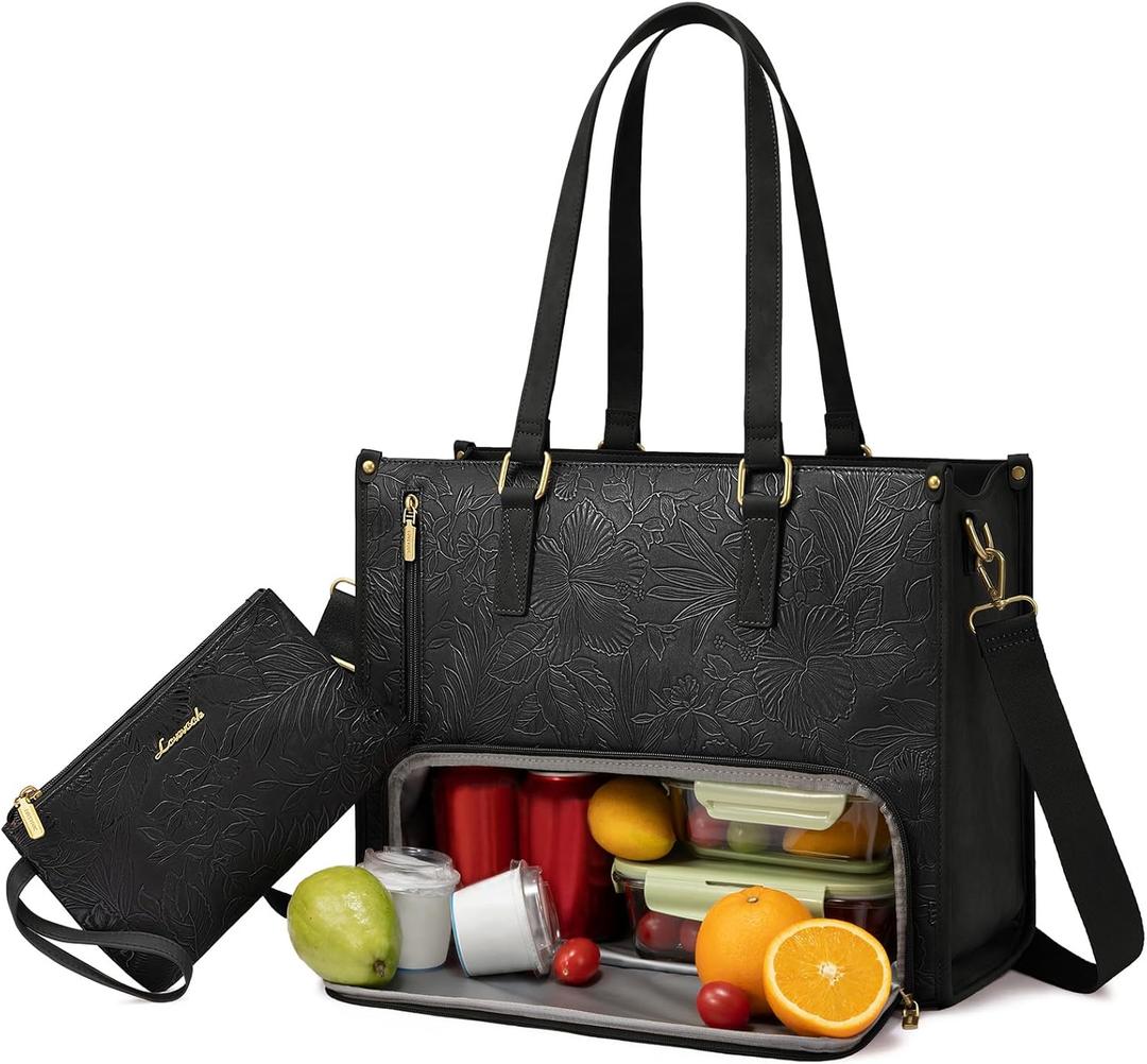 LOVEVOOK Lunch Tote Bag for Women, 15.6 Inch Laptop Bag with Insulated Lunch Compartment, Quilted Large Capacity Computer Handbag with Purse for Business, Work, Collage, Office, Casual, Jet Black