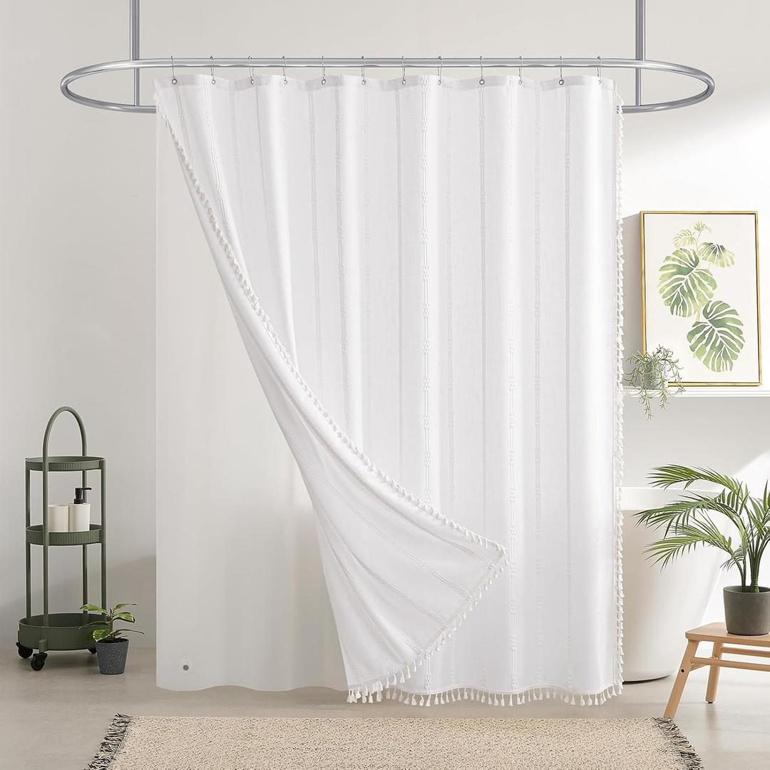 downluxe Linen Texture 3 in 1 Farmhouse Shower Curtain Set with Tassel, Boho Fabric Shower Curtains for Bathroom, White, 72W x 78L