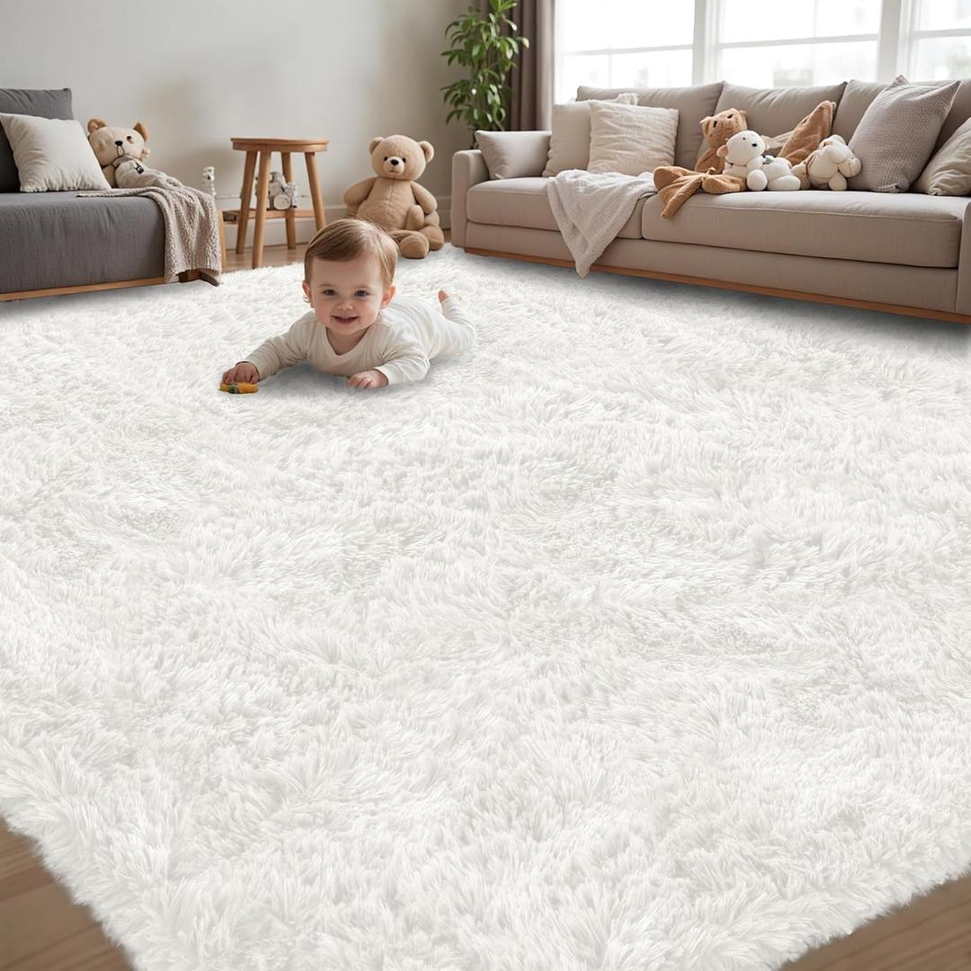 8x10 Area Rug for Living Room:Ultra Soft Fluffy Shag White Rugs,Large Fuzzy Plush Indoor Non Slip Carpet Washable Rug for Bedroom Kids Nursery Office Dorm Modern Decor(White 8'x10')