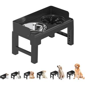 PAKEWAY Elevated Dog Bowls, Spill Proof, Tiltable Pet Feeder with 1 Slow Feeder Bowl &1 Stainless Steel Bowl, 6 Height Adjustable Raised Dog Bowls Stand for Medium Large Dogs (Black)