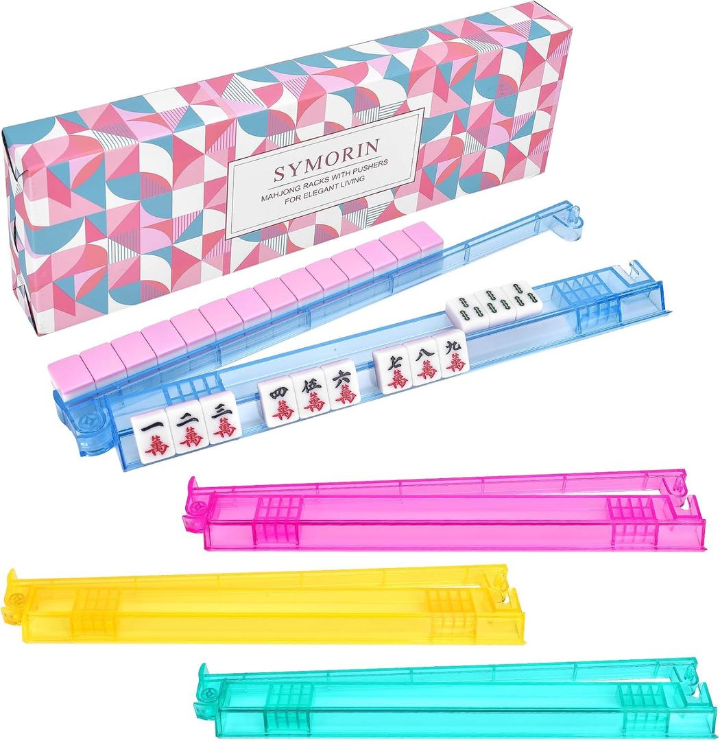 Non-Slip Mahjong Racks with Pushers, 4-Pack Clear Acrylic Racks, American Mahjong Accessories, Gift-Ready Mahjong Gifts (4-Color)