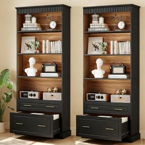 LITTLE TREE 72" Tall Black Bookcase, 5-Tier Office Bookself with File Cabinet Drawers,Modern Floor Standing Storage Filing Cabinet Book Shelf for Living Room,Bedroom(1 Piece,Black)