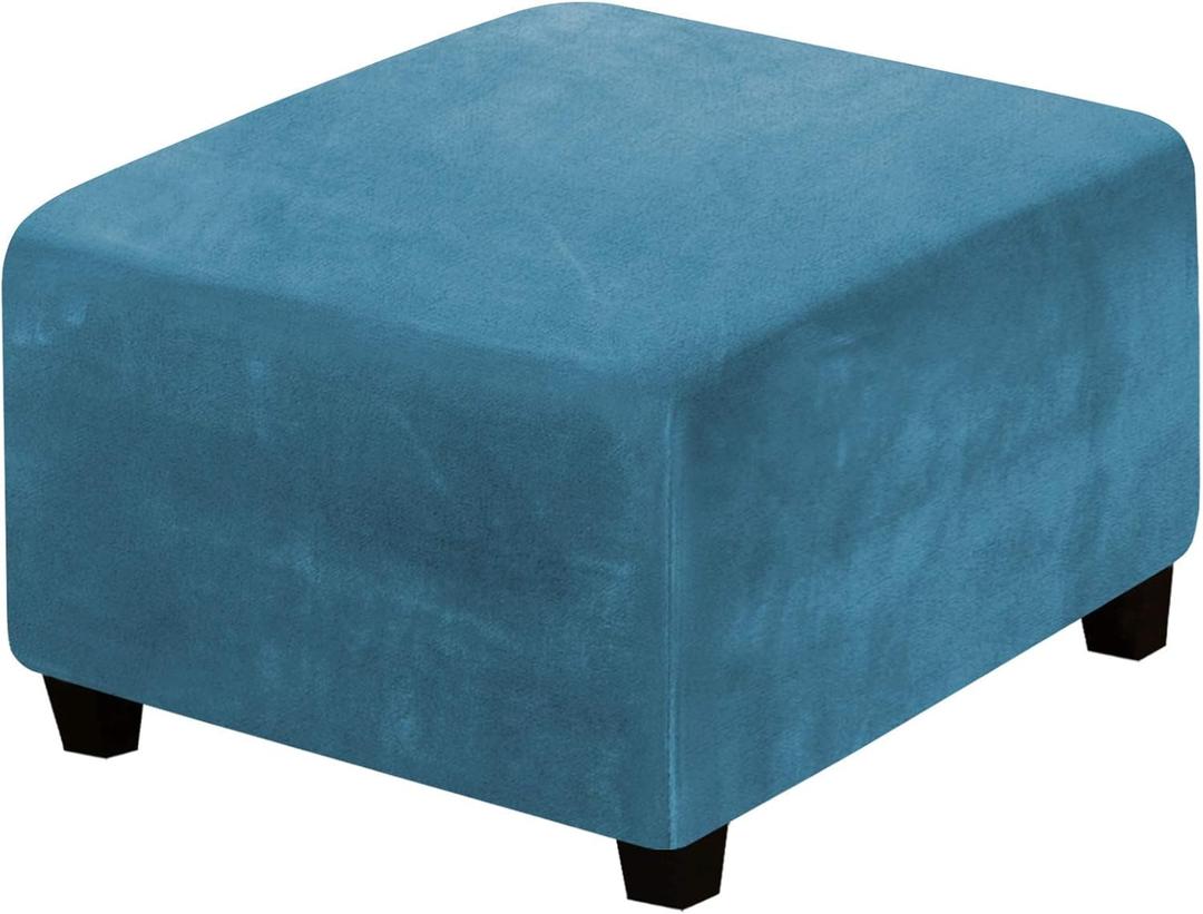H.VERSAILTEX Square Ottoman Covers Ottoman Slipcover Square Footstool Protector Covers Storage Stool Ottoman Covers Stretch with Elastic Bottom, Feature Real Velvet Plush Fabric, Peacock Blue