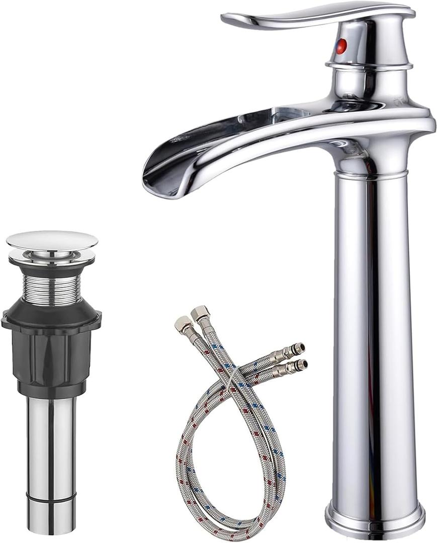 Chrome Bathroom Vessel Sink Faucet, Waterfall Bathroom Faucet, Tall Bathroom Faucet, 1 Hole Single Handle Vessel Faucet Bowl Sink with Pop Up Drain Combo Mixer Tap Commercial Vanity