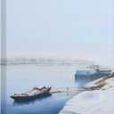 PHOENIX Winter Snowy River Boat Wall Art Decor Framed Canvas Realist Impressionist Calm Wintry Escape Serene Foggy Morning for Living Room Bedroom Office 18X24 Inch