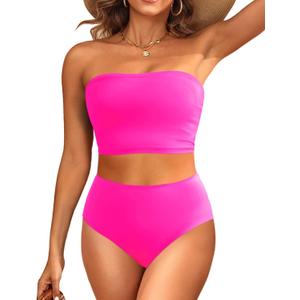 Tempt Me Women Bandeau Bikini Set Strapless High Waisted Two Piece Swimsuit Longline Bathing Suits (Small, Hot Pink)