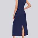 MISFAY Women's Sleeveless V Neck Maxi Dress with Pockets Vacation Outfit | Breathable Air-Layer Rayon Blend, Wrinkle Resistant, Back Slit, Loose Fit, Formal Outfits, Wedding Guest, Machine Washable (Blue, L)