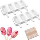 Sakolla 2 Pack Mini Popsicle Silicone Molds, 4 Cavities Oval Ice Pop Molds with 50 Wooden Sticks for Homemade Ice Cream, Cakesicles, Cake Pop (White)