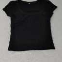 Women's Short Sleeve T-Shirts Low Scoop Neck Slim Fitted Ribbed Knit Casual Longer Crop Top (Black), S