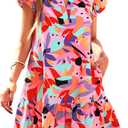 dowerme Womens Summer Dresses 2026 Puffy Sleeve V Neck Loose Floral Print A Line Boho Mini Babydoll Dress with Pockets