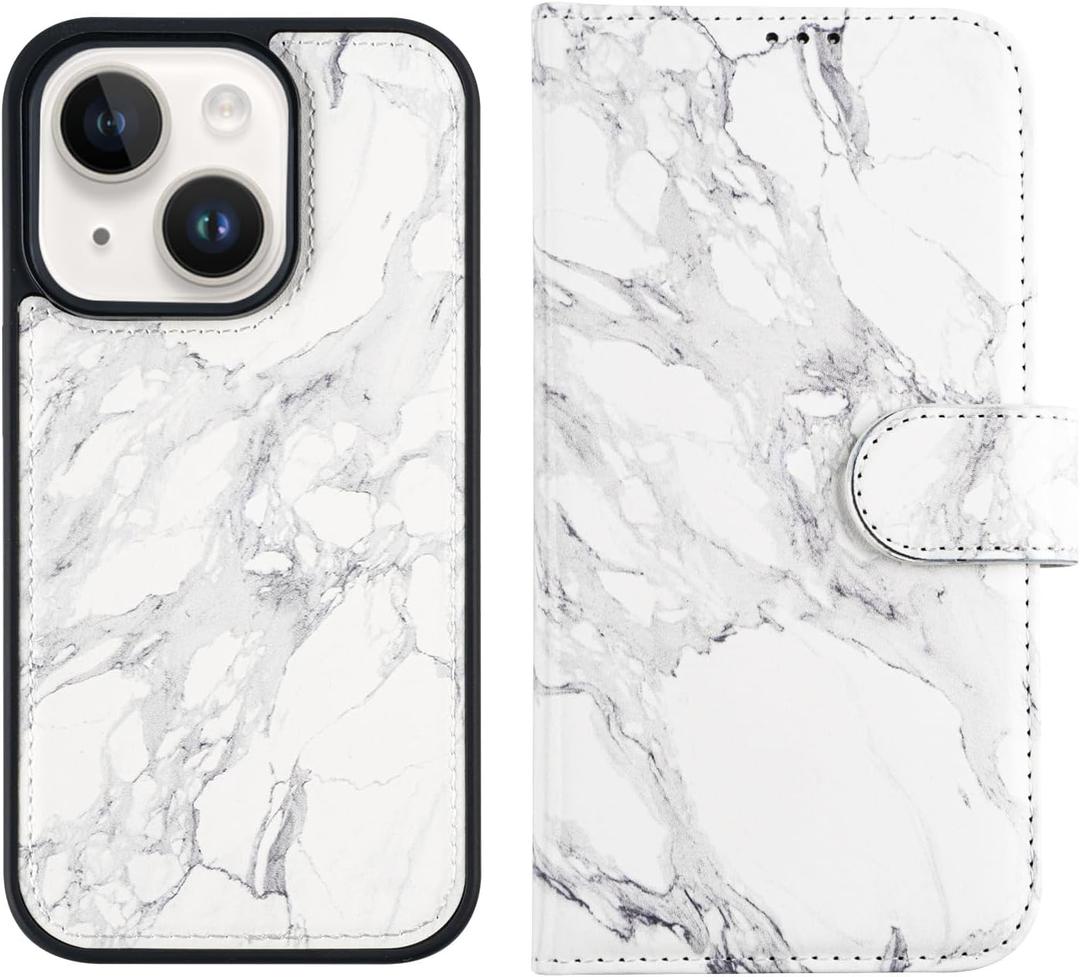 LUMARKE Designed for iPhone 15 Plus Wallet Case - Detachable Flip Folio Cover - RFID Blocking 4 Card Slots Holder - Leather Magnetic Kickstand - Protective Phone Case 6.7", Grey Marble