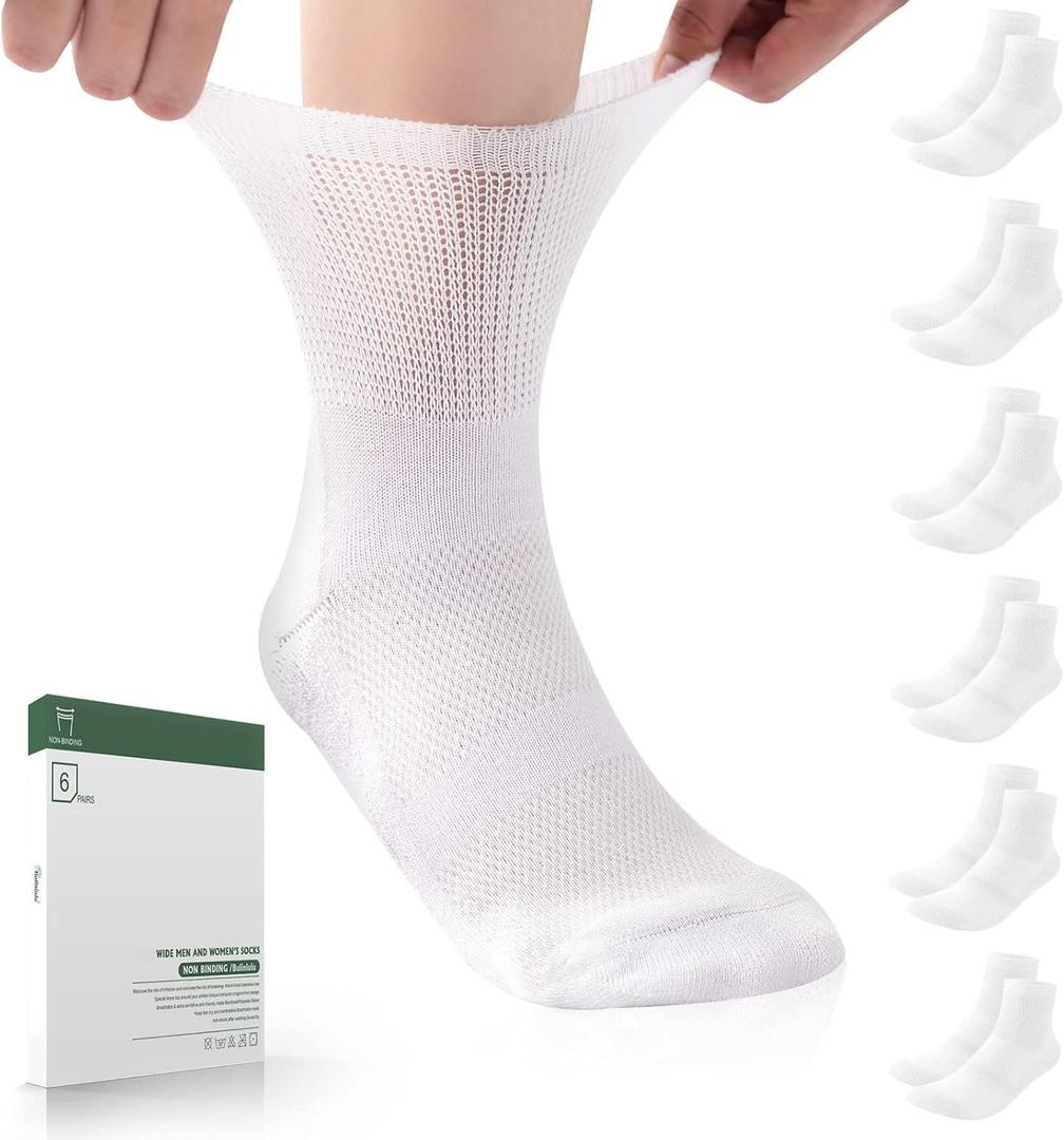 Bulinlulu Bamboo Viscose Diabetic Socks, 6 Pairs Non Binding Ankle Socks, Reinforced Toe, Size 6-9/9-11/13-15 (Medium, White)