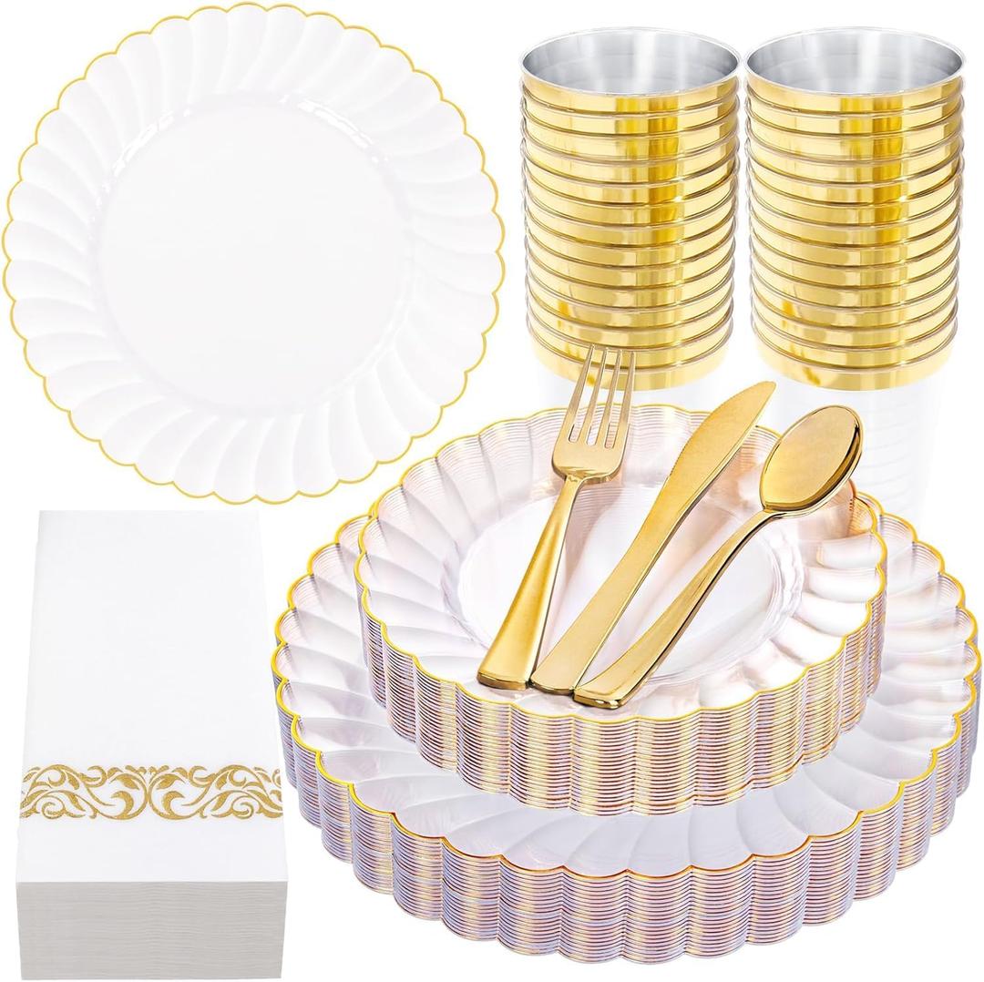 YOUBET 175PCS Gold Scalloped Plastic Plates - Clear and Gold Disposable Dinnerware Set Include 50 Plates, 75 Gold Silverware, 25 Cups, 25 Napkins for Party & Wedding