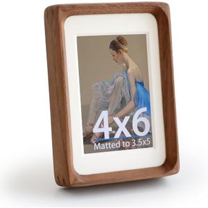 Walnut Wood Picture Frame,Picture 3.5x5 with Mat or 4x6 Without Mat,Standing Desk Photo Frame 4 by 6,Plexiglass,Tabletop or Wall Display