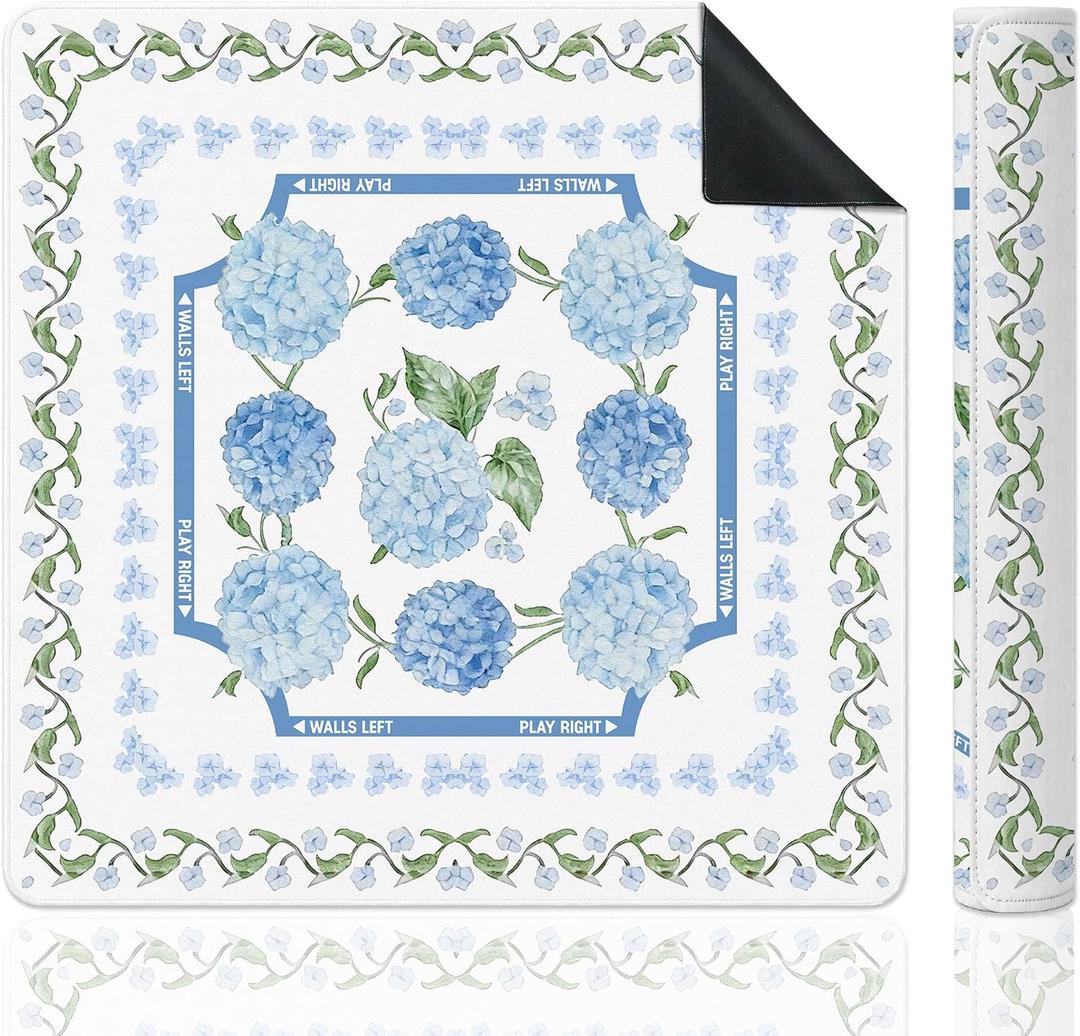 Watercolor Blue Hydrangea Floral Mahjong Mat, Non-Slip Noise Reduction Square Game Table Pad, Light Pastel Flower Border Print Portable Play Mat for Mahjong Tiles Poker Dominoes
