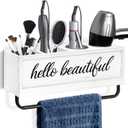 Hair Dryer Holder Wall Mounted, Hair Tools and Styling Organizer with Towel Bar, Farmhouse Beauty Hair Appliance Holder for Flat Iron, Curling Wand, Towel Rack (White)