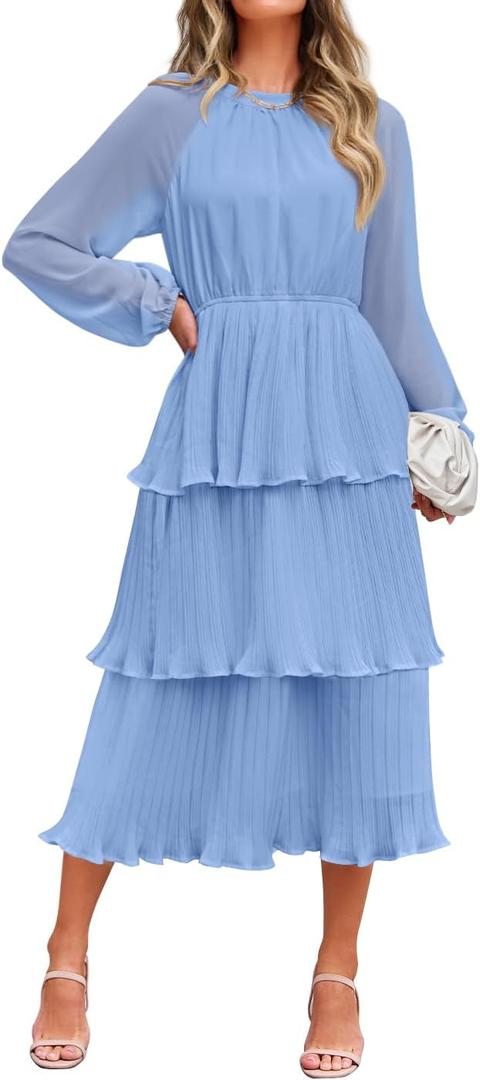 ZESICA Women's 2025 Long Sleeve Crew Neck Ruffle Tiered Layered Chiffon Flowy Swing Long Midi Dress (Light Blue, Large)