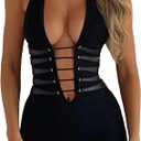 Women's Lace Bodysuit Shorts Solid Color Sleeveless Halter Backless Cross Bandage Jumpsuit Party Club Rompers, Size: L