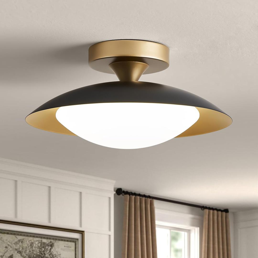 Dimmable Small Mid Century Modern Flush Mount Ceiling Light with Acrylic Shade,Black and Gold LED Ceiling Lights,5CCT 2700K-6000K Light Fxiture for Hallway Entryway Bedroom Kitchen Laundry Room 11.8in