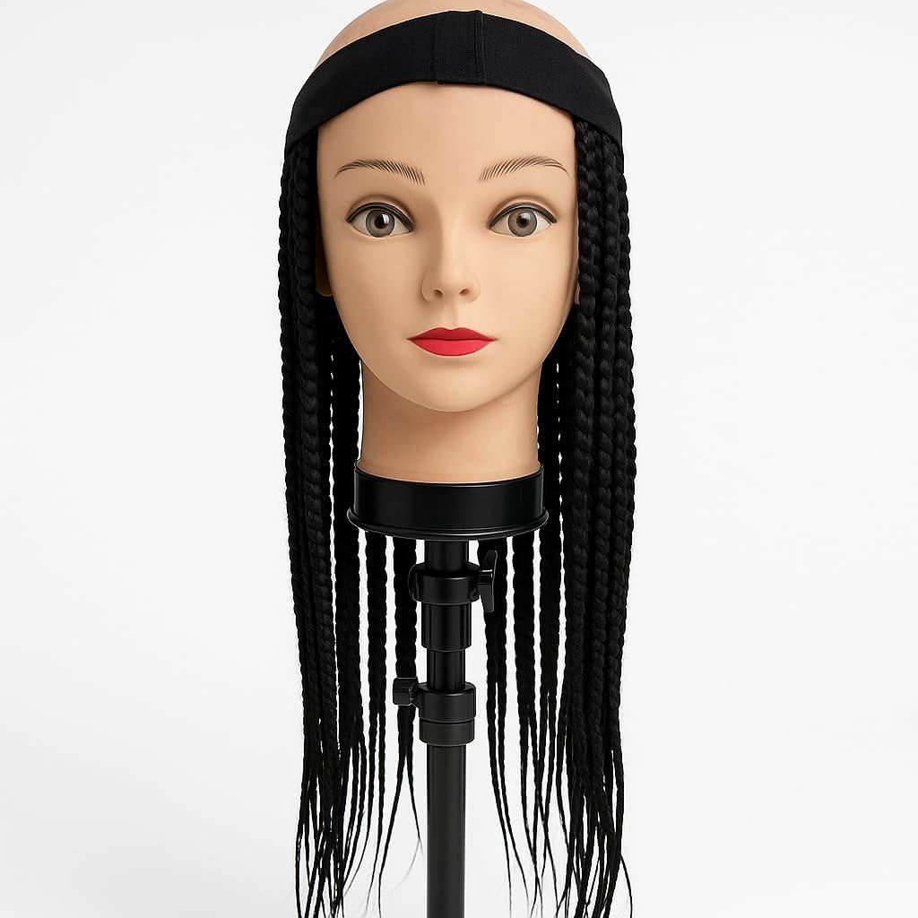 Synthetic Box Braided Headband with Adjustable Strap, Instant Box Braid Wig Cap for Women lightweight Synthetic Braided Wig with Headband (Black braids)