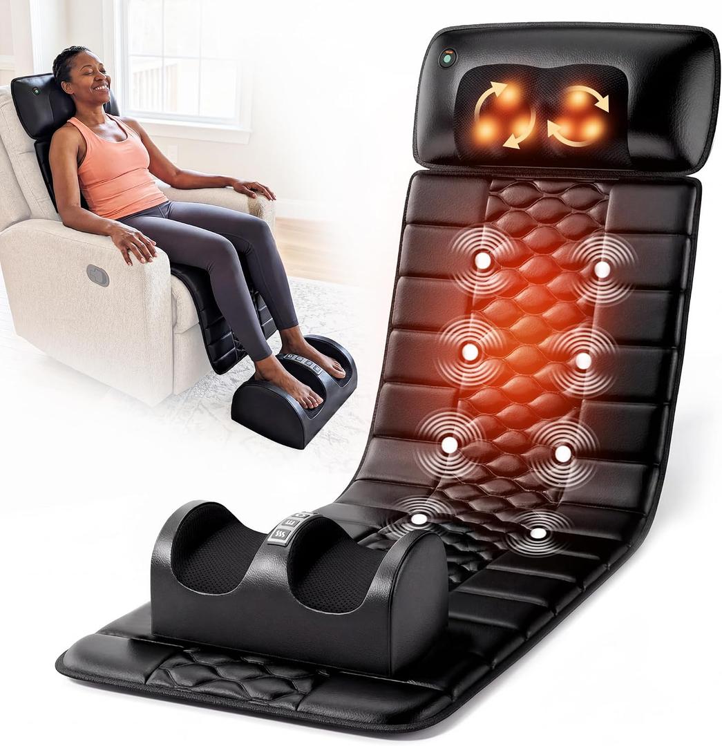 Full Body Massage Mat with Detachable Neck Massager,Shiatsu Back Massage Pad for Reclining Chair,10 Motors Vibrating Heating Pad,Whole Body Massager Mat for Pain Relief,Ideal Wellness Gift for Mom Dad