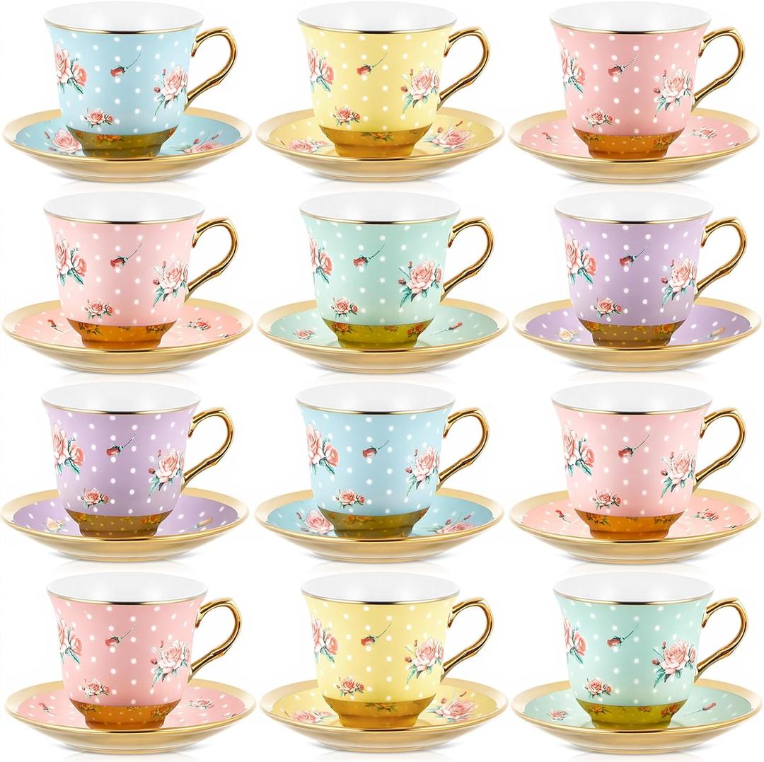 Teenyyou Set of 12 Tea Cups and Saucers Tea Party Decorations Floral Porcelain 5.4 oz British Gift for Women Birthday Party, Church, and Mother's Day (Vintage Style)