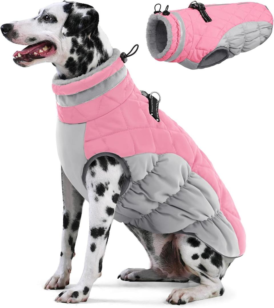AOFITEE Dog Coat, Warm Dog Jackets for Large Dogs, Reflective Turtleneck Dogs Winter Coat with Harness Built in, Waterproof Windproof Pet Snow Jacket Fleece Vest for Cold Weather, Pink XXL