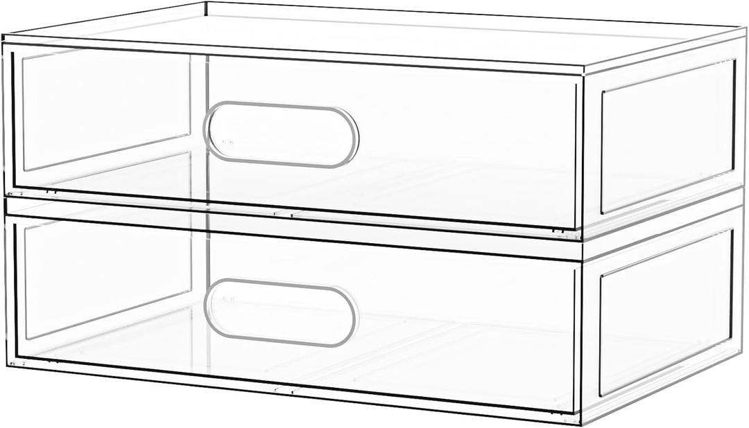 2 Pack Clear Makeup Storage Drawer, 12''W Stackable Bathroom Organizers and Storage Drawer, Acrylic Cosmetic Display Case For Vanity, Undersink, Cabinets, Desk Organizer