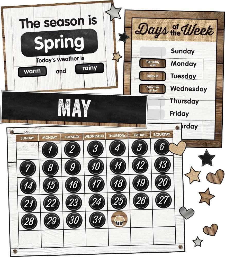 Schoolgirl Style Industrial Chic Bulletin Board Set Farmhouse Monthly Calendar, Rustic Heart, Star, Cupcake Birthday and Special Occasion Accents, Seasons and Days of the Week Charts, (95 pc)