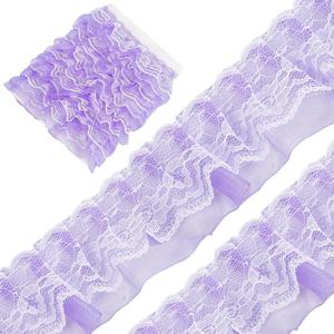 GORGECRAFT 11 Yards 2-Layer Pleated Chiffon Lace Ribbon Purple Gathered Voile Mesh Organza Tulle Fabric Ruffles Edge Lace Trim for Sewing Craft Wedding Dress Party Accessories Decor Handmade DIY