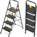 KINGRACK 4 Step Ladder, Sturdy Steel Step Stool with Safe-Lock Design, Handrail, Anti-Slip Wide Pedals, Pass 800lbs Load Testing, Folding Portable Ladder for Multi-Purpose, Home, Kitchen, Black