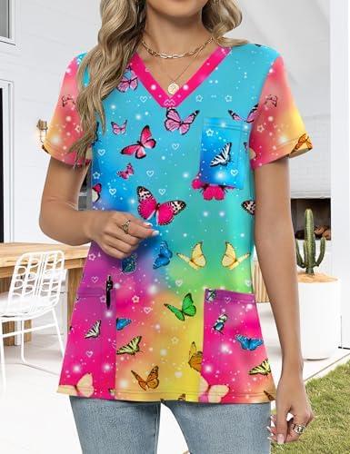 Scrub Tops for Women V Neck Printed Nurse Shirts Soft Knit Scrubs Short Sleeve Shirts for Women Workwear with 3 Pockets, XXL