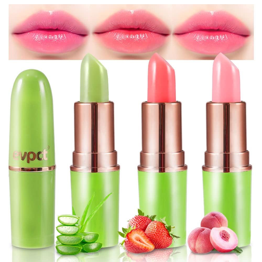 evpct 3Pcs Magic Color Changing Lipstick Long Lasting Waterproof 24 Hours Original for Women, Aloe Vera Strawberry Peach Pink PH Mood Permanent Color Changing Lipstick Lip Balm Gloss, labial magico (3 Count (Pack of 1))