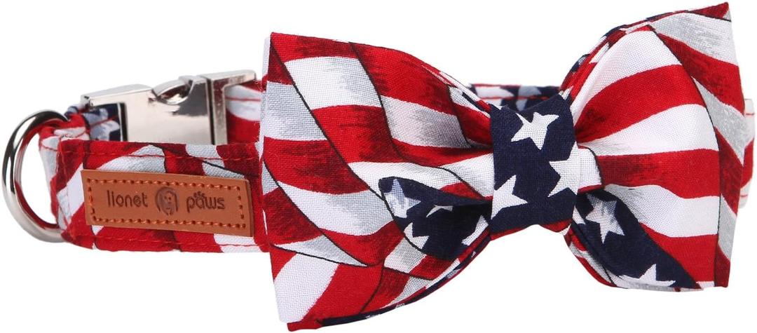 Lionet Paws Patriotic Dog Collar with Bowtie, 4th of July, Soft and Comfortable, Adjustable Collar for Medium Dogs, Neck 13.5-22 inches (American Flag)