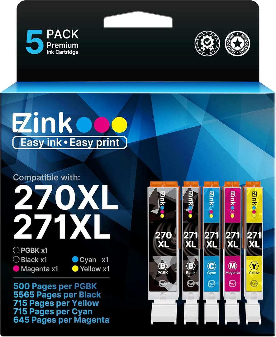 PGI-270XL CLI-271XL Printer Ink Compatible for Canon 270XL 271XL Ink Cartridges to use with MG5720 MG6820 TS5020 TS6020 MG7720 TS9020 TS8020 MG5721 MG5722 MG6821 MG6822, 5 Color (PGBK, BK, C, M, Y)